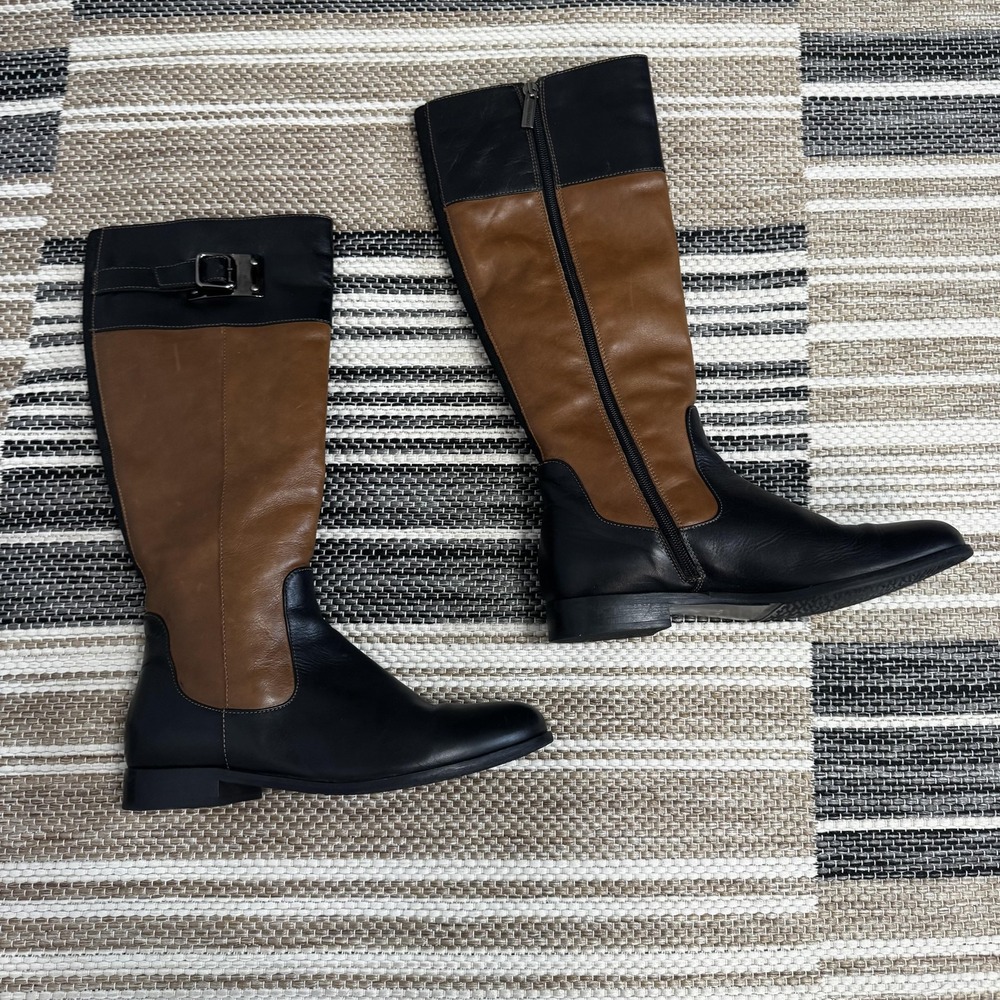 Aquatalia Boots Womens Size 6.5 Black Brown Leather Riding Knee High Made Italy